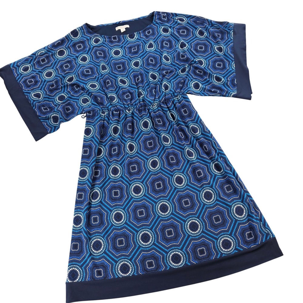 db Dress Geometric Print Blue White Drawstring Waist Casual Medium